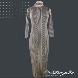 ASOS Bodycon Grey White Striped Midi Dress Long Sleeve High Neck cutout size 6